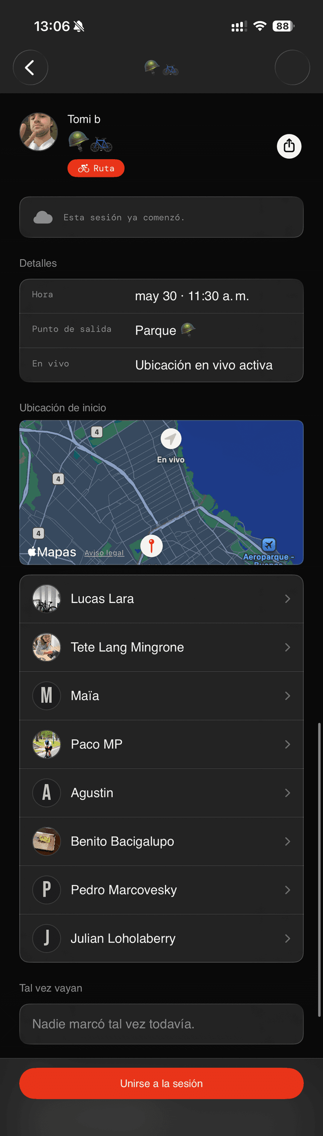Sesión de Ruta en Parque Sarmiento — vista completa en la app